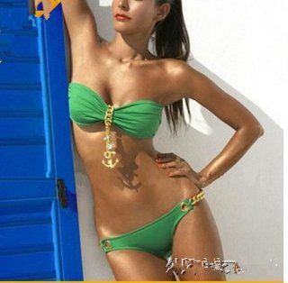 Two Piece Golden Dangle Type Design Green Women Swimsuit Swimwear Bikini(M)  Athletic Two Piece Swimsuits  Sports & Outdoors