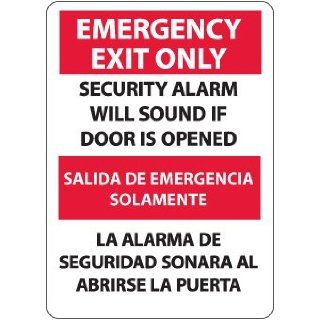 NMC M734AB Bilingual Exit/Entrance Sign, Legend "EMERGENCY EXIT ONLY SECURITY ALARM WILL SOUND IF DOOR IS OPENED", 10" Length x 14" Height, Aluminum 0.40, Red/Black on White Industrial Warning Signs