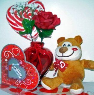 Valentine Gift Assortment Heart Shapped Box of Hershey's Milk Chocolate Kisses, Fun Brown Plush Bear, Cherry Red Heart Vase with Red Rose and Baby's Breath with Giant Heart Lollipop  Gourmet Chocolate Gifts  Grocery & Gourmet Food