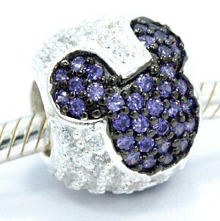 Pro Jewelry .925 Sterling Silver "Jeweled Mickey   Purple and Clear Cz" Charm Bead for Snake Chain Charm Bracelets Jewelry