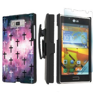 LG Venice LG730 Boost Mobile Black Case with Kickstand Beltclip Holster + Screen Protector   Space Cross By SkinGuardz Cell Phones & Accessories