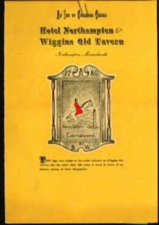 Hotel Northampton Wigins Old Tavern Menu MA 1951 Entertainment Collectibles
