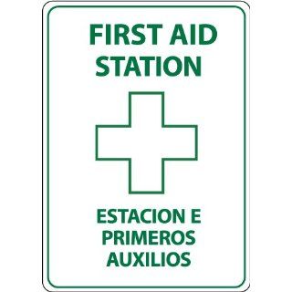 NMC M737AB Bilingual Emergency and First Aid Sign, Legend "FIRST AID STATION" with Graphic, 10" Length x 14" Height, Aluminum 0.40, Green on White Industrial Warning Signs