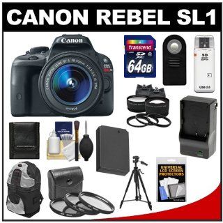 Canon EOS Rebel SL1 Digital SLR Camera & EF S 18 55mm IS STM Lens with 64GB Card + Battery & Charger + Backpack + Tele/Wide Lenses + Filters + Tripod Kit  Digital Slr Camera Bundles  Camera & Photo