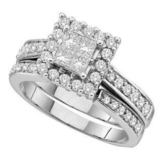 14K White Gold Illusion Setting Invisible Set Princess Cut Center with Side Stones Pave Set Round White Diamonds Duo 2 Two Piece Womens Ladies Bridal Set Wedding Engagement Solitaire Ring Band ( 0.50 cttw H   I Color SI3   I1 Clarity ) (Size 4 ~ 9) Jewelr