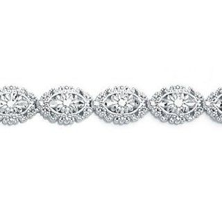 14K White Gold Metal Mold Oval Floral Design Link Bracelet Jewelry