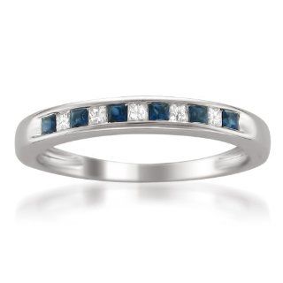 14k White Gold Princess cut Diamond and Blue Sapphire Wedding Band Ring (1/3 cttw, H I, I1 I2) Jewelry