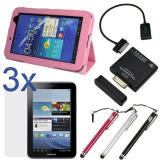 EveCase Pink Folio PU Leather Stand Case Cover with 3pcs Screen Protector, 3pcs Pen style Stylus, a SD Card Reader and an OTG USB Adapter for Samsung Galaxy Tab 2 Android TouchScreen Tablet (7.0 inch,WiFi, P3100/P3110) Computers & Accessories