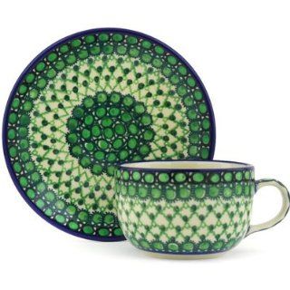 Polmedia Polish Pottery 9 oz Stoneware Cup with Saucer H9762E Hand Painted from Ceramika Artystyczna in Boleslawiec Poland. Shape S956A(768) Pattern P5238A(U873) Unikat   Drinkware Cups With Saucers