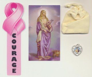 Saint Agatha Relic Medal with Holy Card, Pink Bookmark and Velour Bag Patron for Breast Cancer Patients  Other Products  