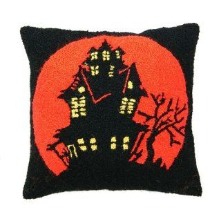Halloween Haunted House & Moon Throw Pillow, Hooked Wool, 18 Inches X 18 Inches  