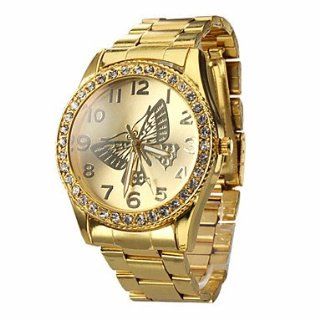 Women's Butterfly Pattern Diamond Case Gold Steel Quartz Analog Wrist Watch Watches