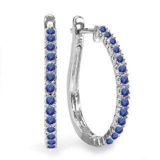 0.50 Carat (ctw) 14k White Gold Round Blue Sapphire Ladies Hoop Earrings 1/2 CT Earrings For Women Jewelry
