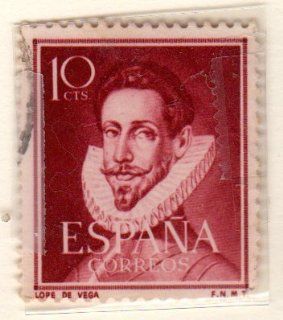 Postage Stamps Spain. One Single 10c Deep Rose Brown Lope de Vega, Stamp Dated 1951, Scott #773. 