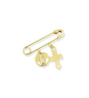 14k Yellow Gold Cross Mother Mary Safety Pin Brooch Jewelry