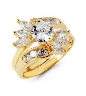14k Yellow Gold Marquise Round CZ Wedding Rings Set Jewelry