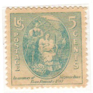 Postage Stamps United States. One Single 5 Cents Gray Blue Virginia Dare and Parents Stamp Dated 1937, Scott #796. 
