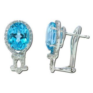14K White Gold 7.77ct Sincere Emotions Diamond & Oval Blue Topaz Huggie Earrings Jewelry