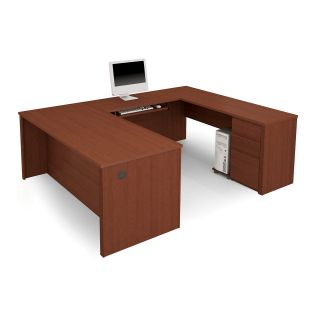 Bestar Prestige U Shaped Workstation with Single Pedestal   Cognac Cherry   Desks