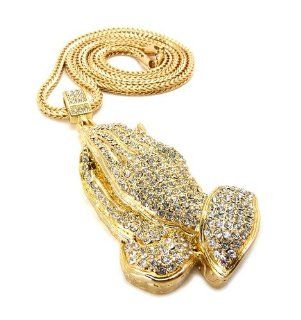Iced Out LG Gold 3D Praying Hands Pendant w/4mm 36" Franco Chain MP789G Pendant Necklaces Jewelry
