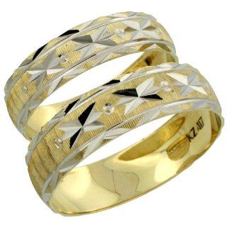 10k Gold 2 Piece Wedding Band Ring Set Him & Her 5.5mm & 4.5mm Diamond cut Pattern Rhodium Accent, Ladies Size 5 Jewelry