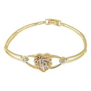 14k Tricolor Gold, 15 Anos Quinceanera Heart Bracelet with Lab Created Gems 13mm Wide Jewelry