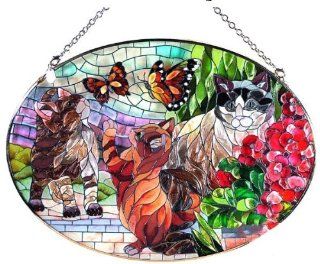 Amia Painted Stained Art Glass Oval Suncatcher   Mosaic Cats  