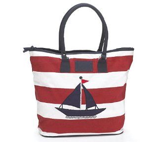 Large Canvas Embroidered Sailboat Design Bag/Purse/Beach Bag Nautical Navy, White And Red Design   Travel Totes Luggage