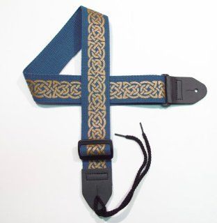 Legacystraps Celtic Guitar Strap with Celtic Knot #1   2" Cotton Strap Gold on Cerulean Blue Musical Instruments