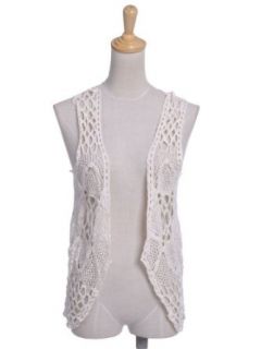 Anna Kaci S/M Fit Beige Boho Chic Crochet Ocean Net Lace Open Front Knit Vest