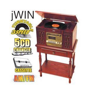 Jwin (Jk 799) Retro Looking Cherry Wood Stereo with 5 Disk Cd Player, Am/fm Radio, Phonograph & Cassette Tape Player 