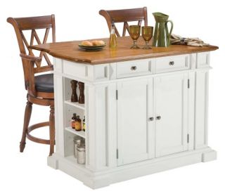 Home Styles Kitchen Island 3 piece Set   White & Distressed Oak with 2 Deluxe Bar Stools in Distressed Oak   Kitchen Islands and Carts
