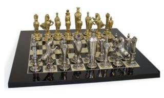 Renaissance Metal Men on Black Wood and Mother of Pearl Chess Board   Chess Sets