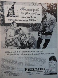 Phillips Milk of Magnesia, 40's B&W Illustration/Painting, Print Ad. 10 1/2"x 14"(mother, daughter, dog on sled) Original Vintage 1946 Magazine Print art ***store link [www./shops/ads thru time]  