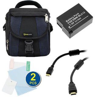 Evecase Camera Carrying Pouch Case Bag with Strap + DMW BLC12 Battery + Mini HDMI + 2 x Screen Protector for Panasonic Lumix DMC G6 G5 GH2 FZ200, FZ200K Digital Camera Electronics