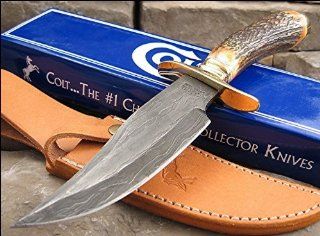 Colt Knives 804 Damascus Traditional Hunter Fixed Blade Knife with Round Design Stag Handles  Fixed Blade Camping Knives  Sports & Outdoors