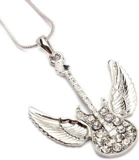 Crystal Embellished Flying Angel Wings Electric Guitar Charm Necklace Silver Tone Fashion Jewelry Jewelry