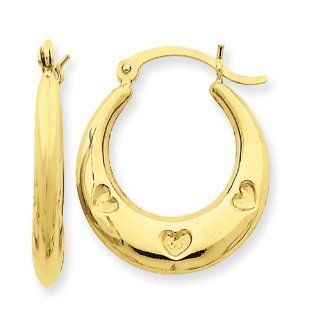 14k Gold Polished with Stamped Hearts Hollow Hoop Earrings Jewelry