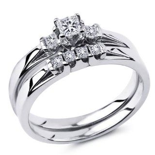 14K White Gold Princess cut Diamond Ladies Women Matching Engagement Wedding Ring Band 2 Pieces Bridal Sets (0.43 CTW., F G Color, SI1 Clarity) The World Jewelry Center Jewelry