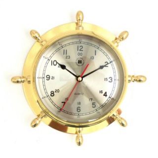 Bey Berk International Brass Ships Wheel Clock   Tarnish Proof   Wall Clocks