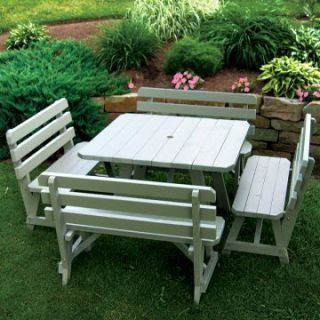 A & L Furniture Yellow Pine Traditional Square Picnic Table with 4 Backed Benches   Picnic Tables