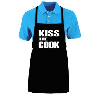 Funny "KISS THE COOK" Apron; One Size Fits Most   Medium Length Kitchen Aprons for Men, Women, Teen, & Kids (Unisex); Soft Cotton Polyester Mix with DuPont Teflon Fabric Protector. Great gift idea.  