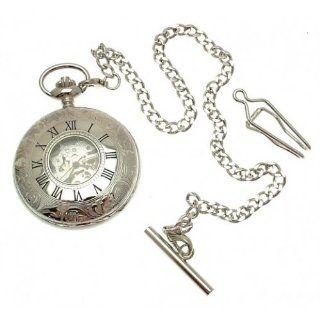 Silver colour metal cased half hunter pocket watch with window, chain and fob at  Men's Watch store.