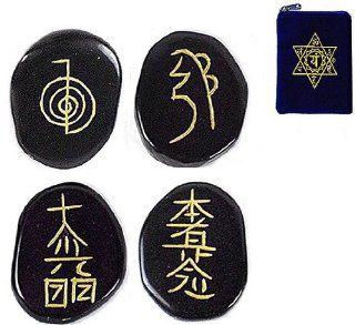 USUI REIKI STONES ~ Etched Reiki Symbols on Black Jasper Stones ~ w/ Heart Chakra Pouch   Sculptures