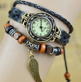 JOINNEW@2013 Fashion Black Vintage Wing Leather Warp Quartz Bracelet Watch for Women Ladies Watches