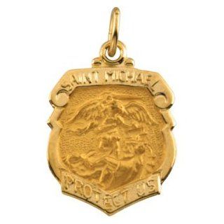 14K Yellow Gold St. Michael, the Archangel Shield Medal (27mm by 21mm) Patron Saint of Police, Paratroopers, Paramedics, Mariners, Radiologists, the Airborne, Germany, Grocers, and the Sick Pendants Jewelry