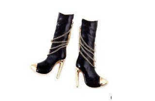 Black and Gold High Heel Boots with Chains and Gold Tips 3.25 Inches Jewelry