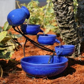 Smart Solar Blue Ceramic Cascade Outdoor Bird Bath Fountain   Bird Baths