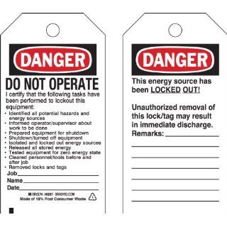 Brady 65449 5 3/4"Height x 3"Width, Cardstock (B 853), Black/Red on White Lockout Tags (25 Tags) Industrial Lockout Tagout Tags