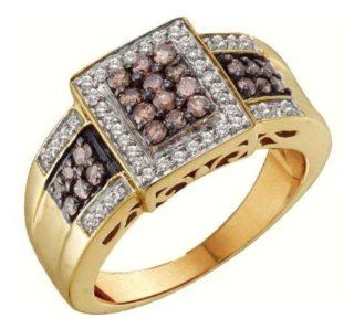 0.65 cttw 14k Yellow Gold Cognac Diamond Round Brilliant Cut White and Chocolate Brown Diamond Square Princess Shape Halo Engagement Ring Color Of Diamonds Light To Medium Brown (Real Diamonds 2/3 cttw, Ring Sizes 4 10) Jewelry
